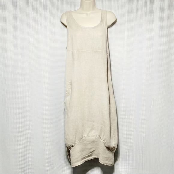 Made In Italy 100% Linen Lagenlook Balloon Hem Midi Dress with Pockets (XS/S) - Picture 1 of 7